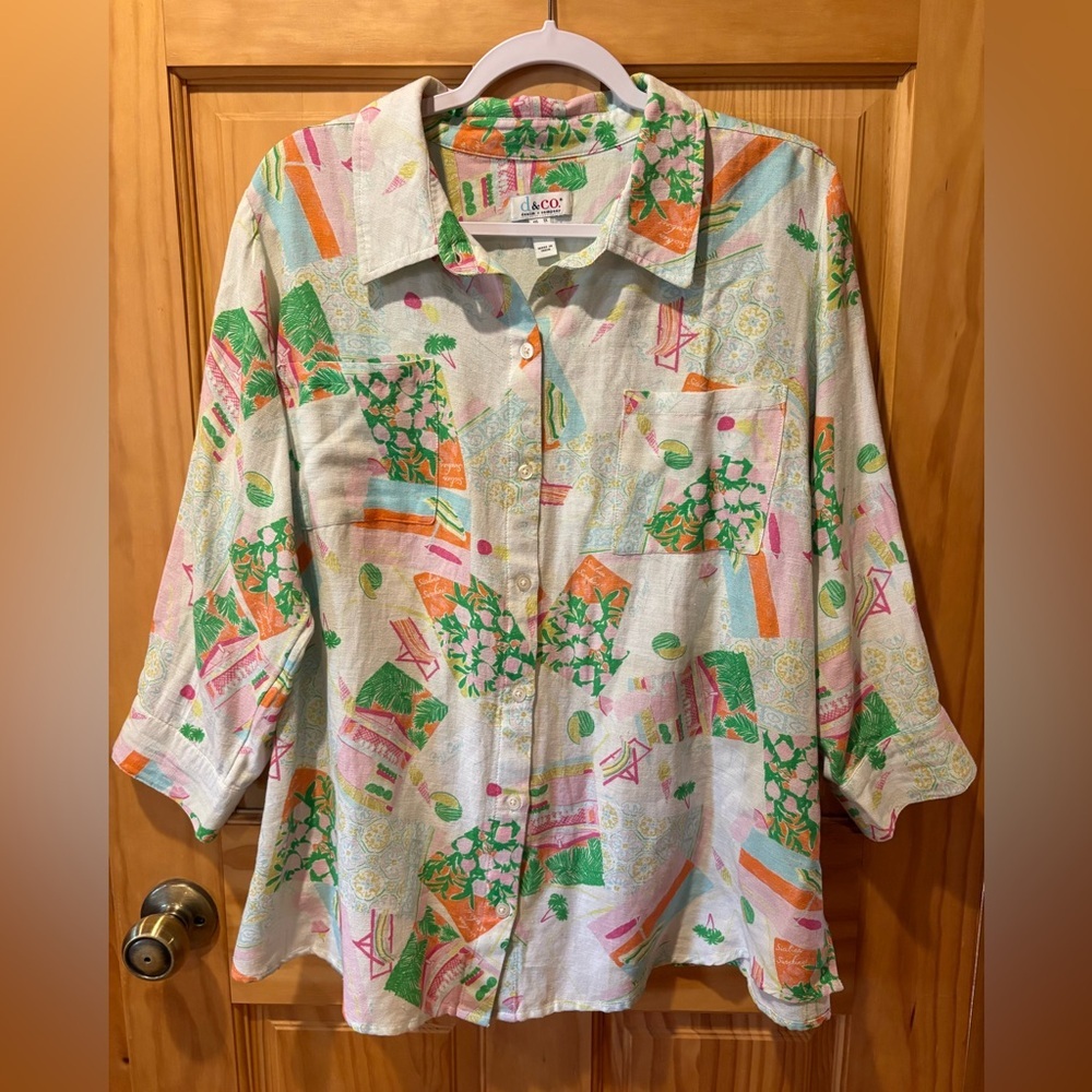 Denim & Co. Printed Cotton Linen Button Down 3/4 Sleeve Shirt women’s 1x